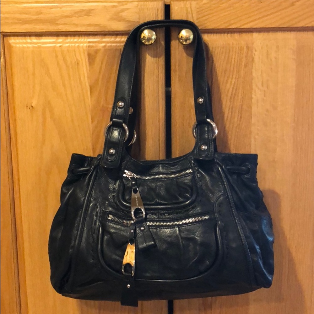 Black medium leather satchel bag silver hardware